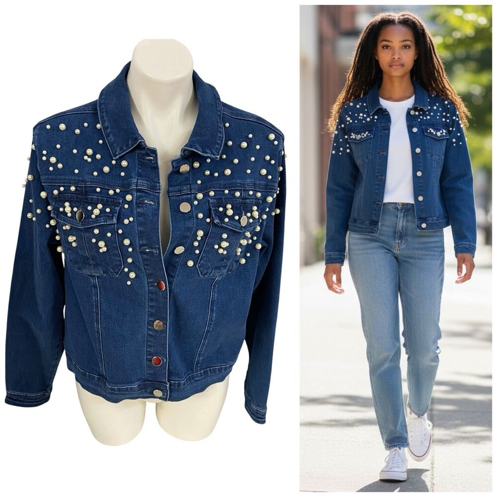 Masseys Denim Jacket Womens XL Pearl Beaded Y2K Glam Jean Coat Concert Bridal
